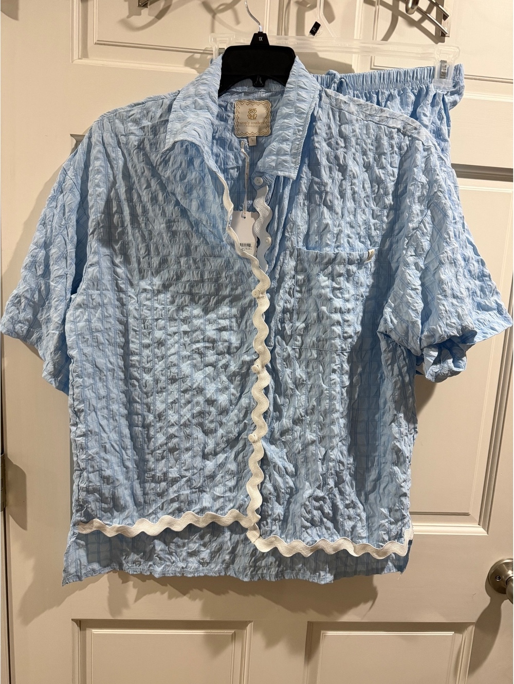 Simply Southern Light Blue Textured Short Sleeve Shirt and Shorts Set, Size L
